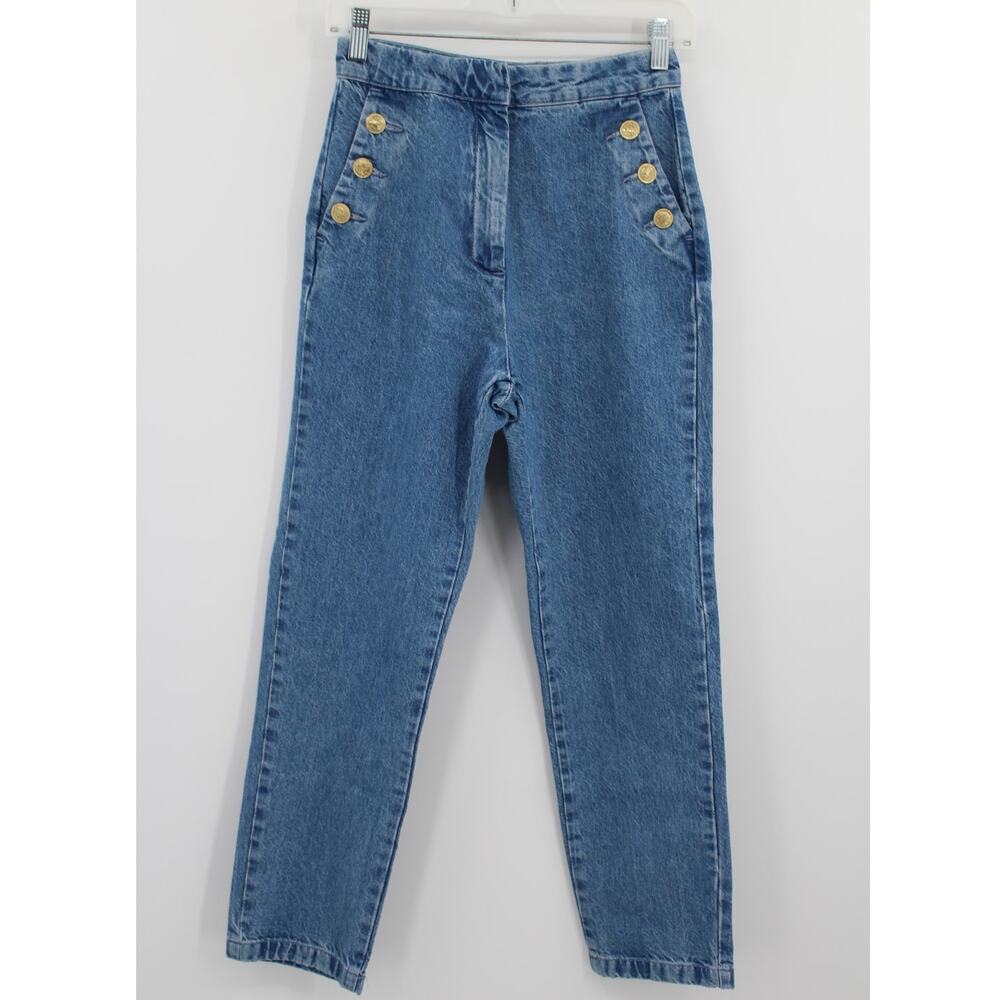 Zara Gold Buttoned Straight Leg Blue 100% Cotton Sailor Style Jeans Small - Picture 2 of 8
